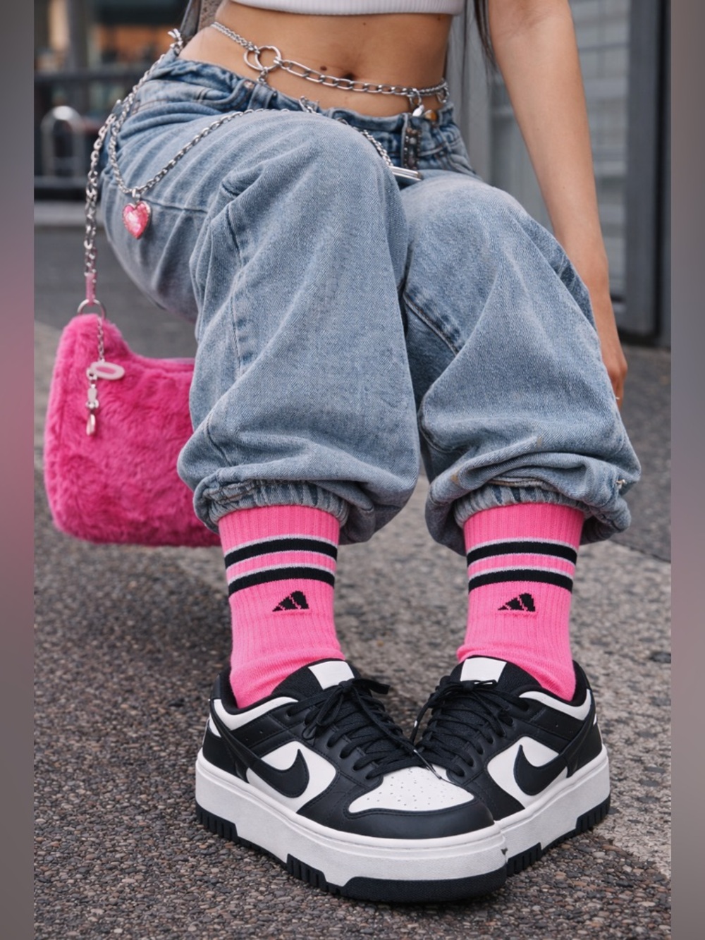 Adidas Hot Pink Striped Crew Socks Y2K Streetwear Athletic Barbiecore NWOT